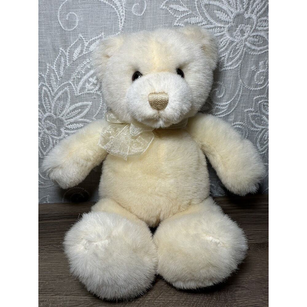 Vintage GUND TENDER TEDDY BEAR Pale Ivory PLUSH w/shimmery Gold Bow 6414